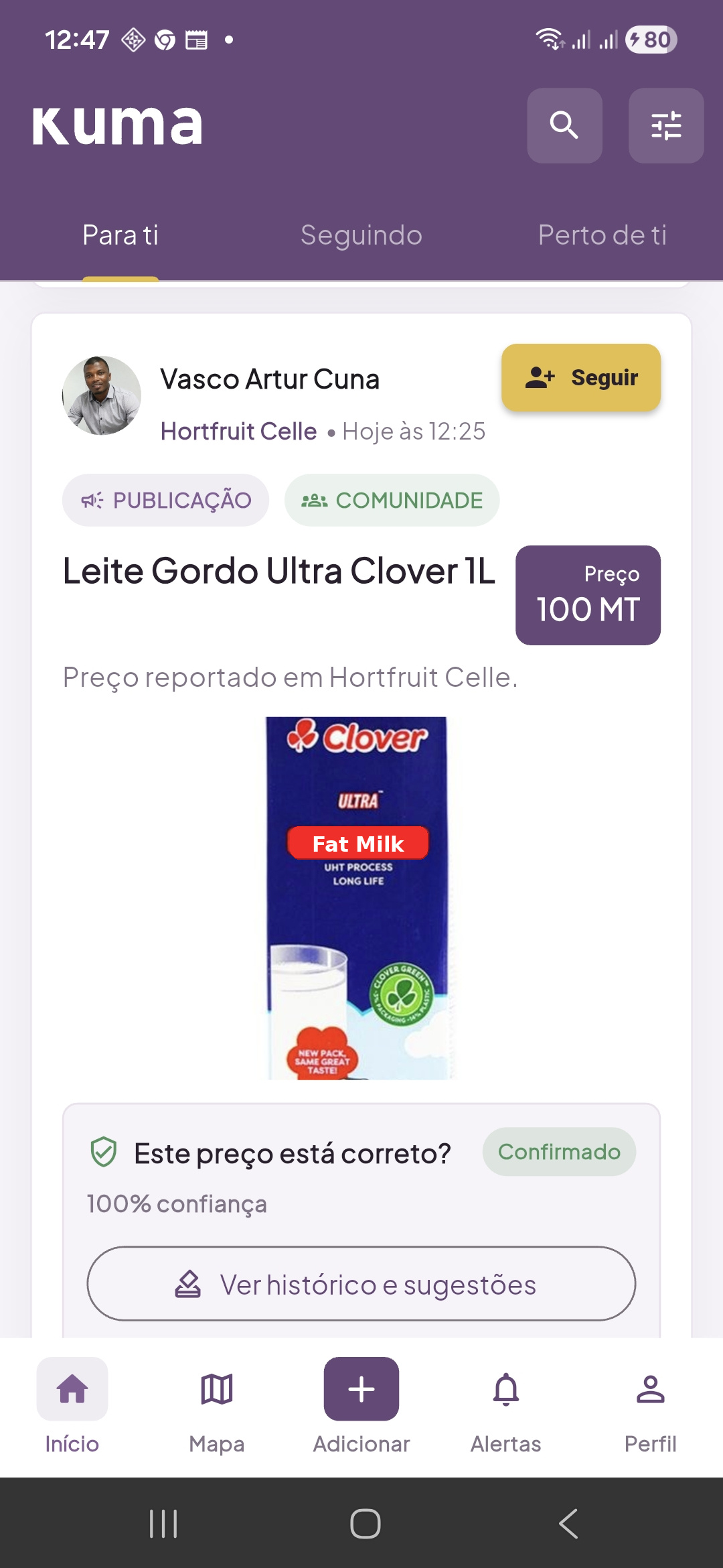 Tela inicial do KUMA com preço reportado