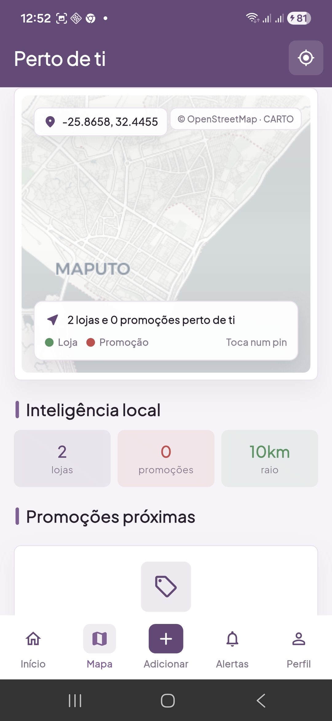 Tela do mapa KUMA com lojas perto de si