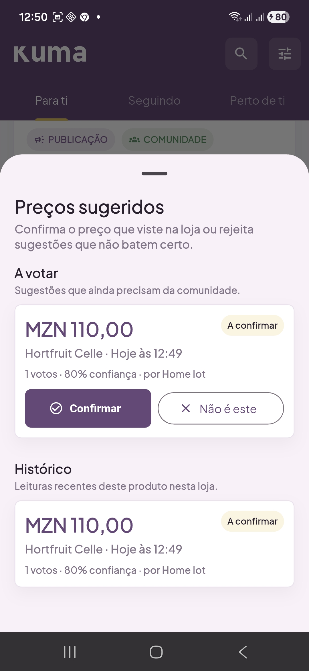 Tela KUMA com sugestões de preços para confirmar